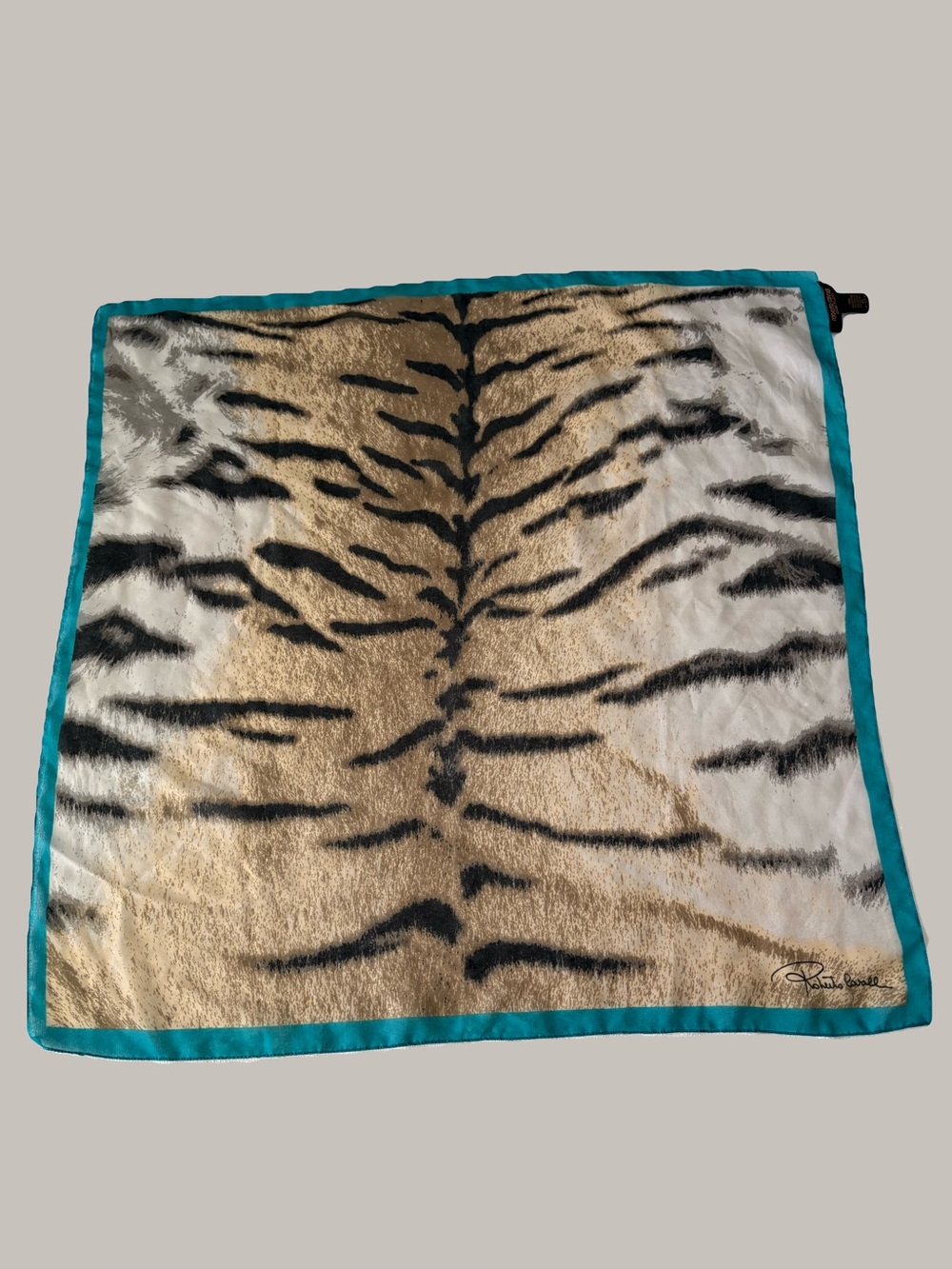 Roberto Cavalli Silk Scarf 26" Square Tiger Animal Print Teal Border Italy
